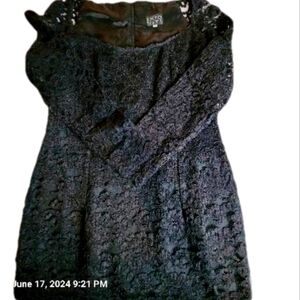 EXPO NITE, Vintage, black lace, long-sleeve, mid-length cocktail dress. Sz. 14